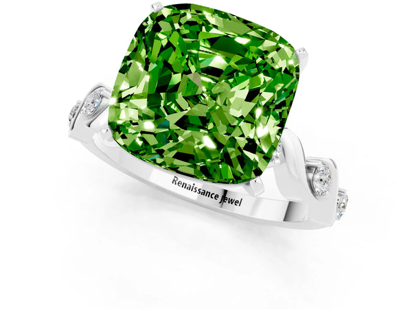 White gold Cushion Cut Peridot Solitaire Twisted Band with Round  Accents and Prong Setting