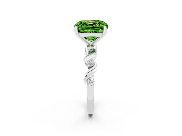 Platinum Cushion Cut Peridot Solitaire Twisted Band with Round  Accents and Prong Setting