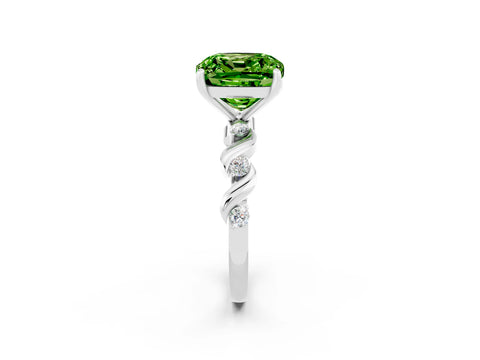 White gold Cushion Cut Peridot Solitaire Twisted Band with Round  Accents and Prong Setting_14
