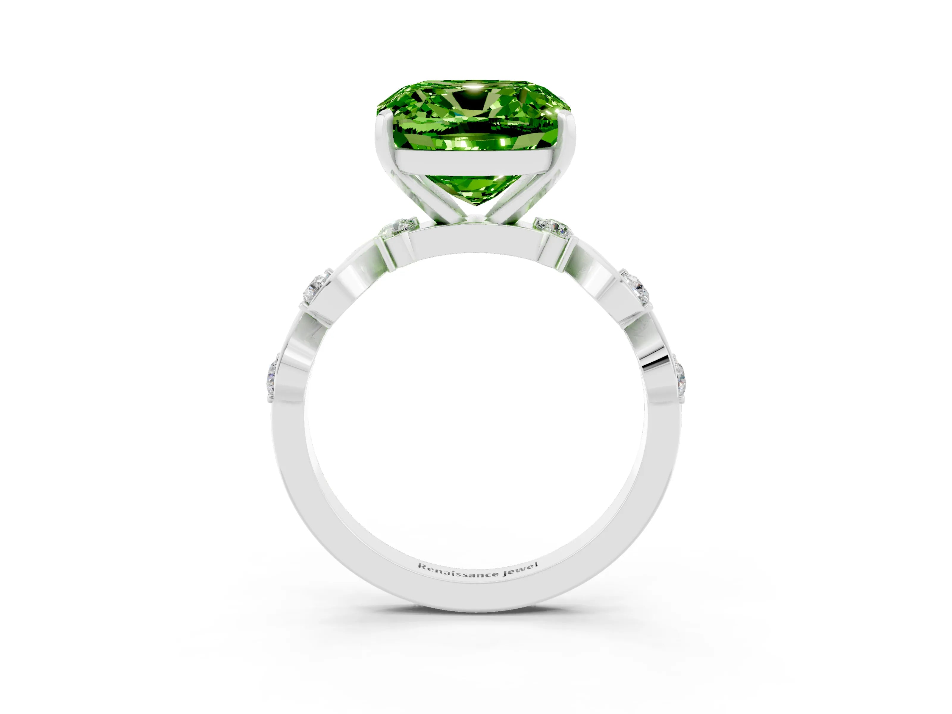 White gold Cushion Cut Peridot Solitaire Twisted Band with Round  Accents and Prong Setting_15