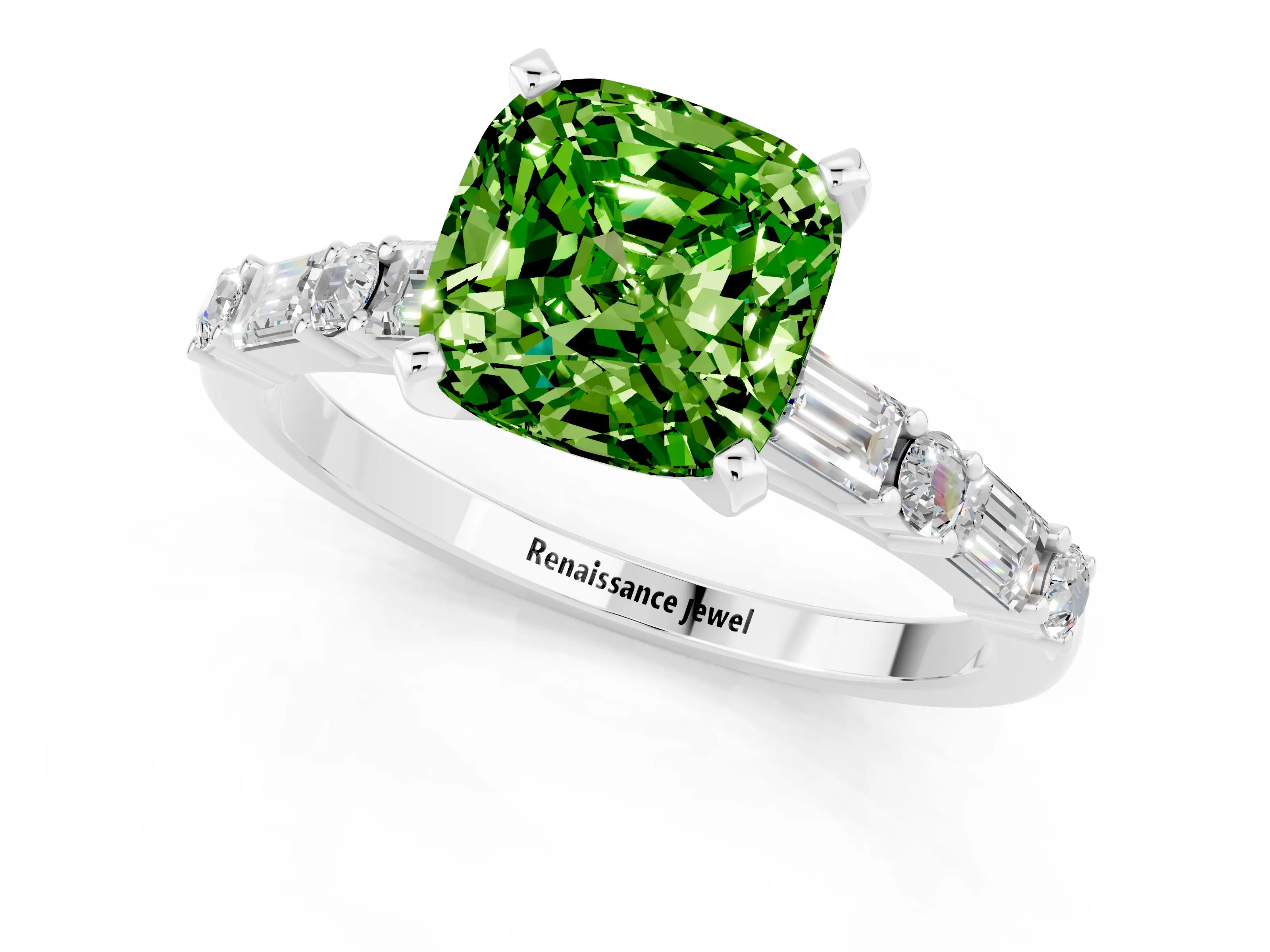 White gold Cushion Cut Peridot Solitaire with Side Baguettes and Channel Set Band_1