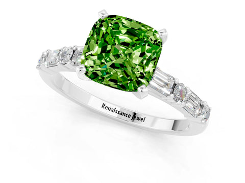 White gold Cushion Cut Peridot Solitaire with Side Baguettes and Channel Set Band_1