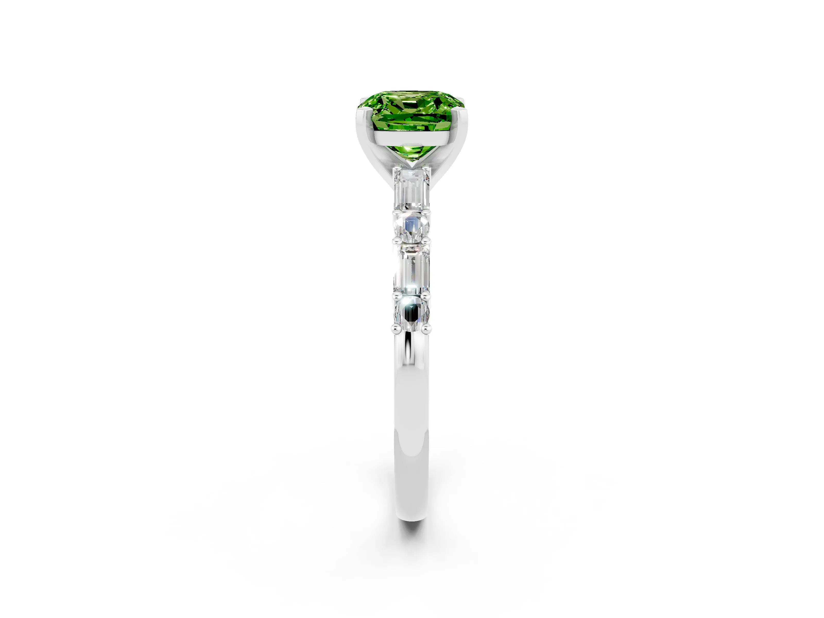 White gold Cushion Cut Peridot Solitaire with Side Baguettes and Channel Set Band_2