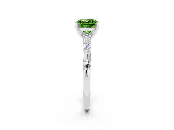 White gold Cushion Cut Peridot Solitaire with Side Baguettes and Channel Set Band
