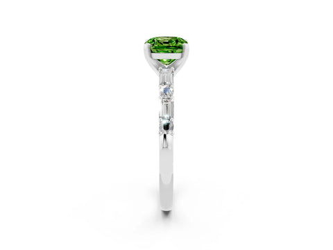 White gold Cushion Cut Peridot Solitaire with Side Baguettes and Channel Set Band_2