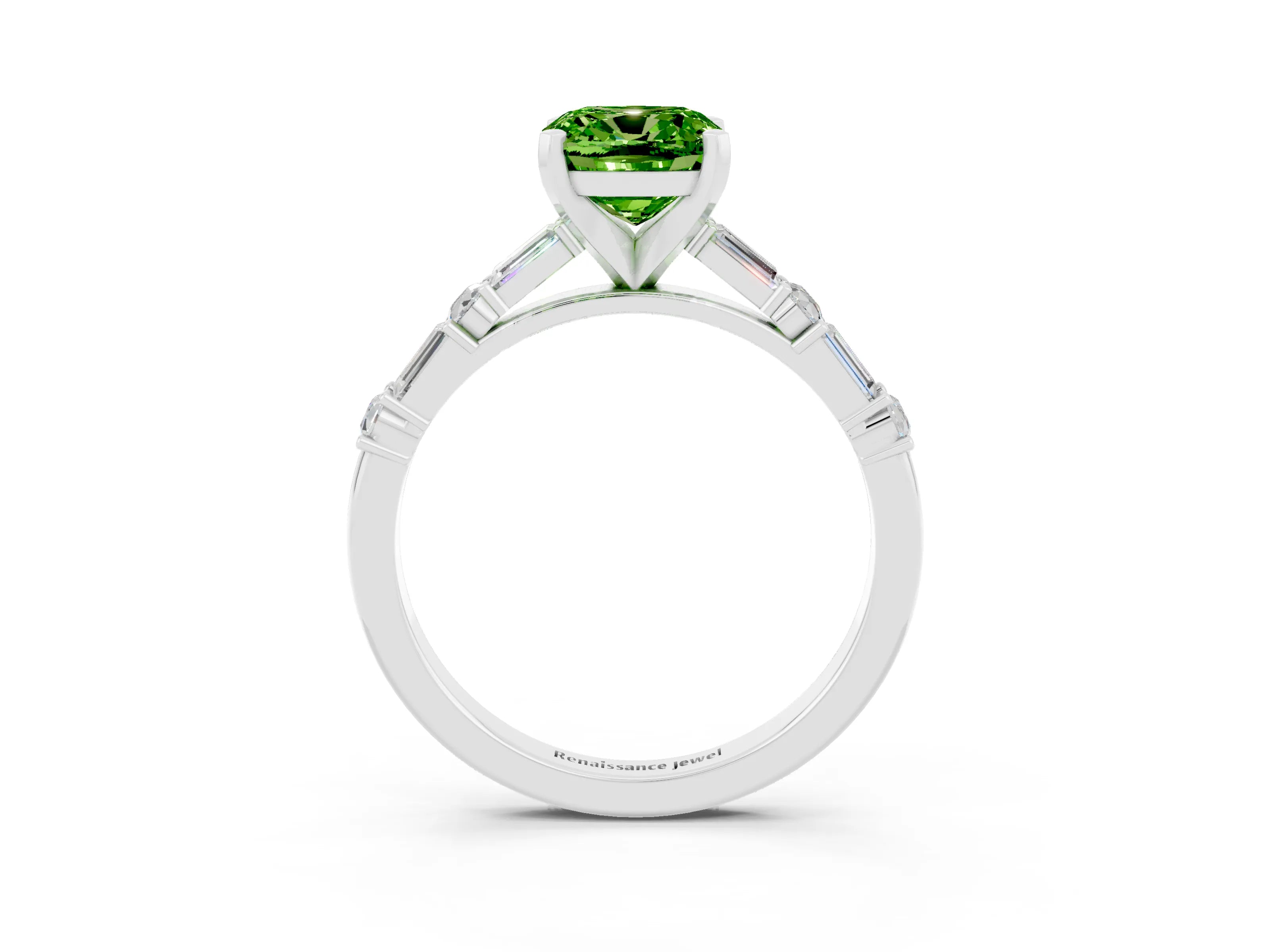 White gold Cushion Cut Peridot Solitaire with Side Baguettes and Channel Set Band_3