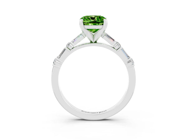 Silver Cushion Cut Peridot Solitaire with Side Baguettes and Channel Set Band