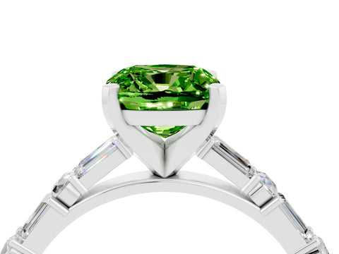 White gold Cushion Cut Peridot Solitaire with Side Baguettes and Channel Set Band_4