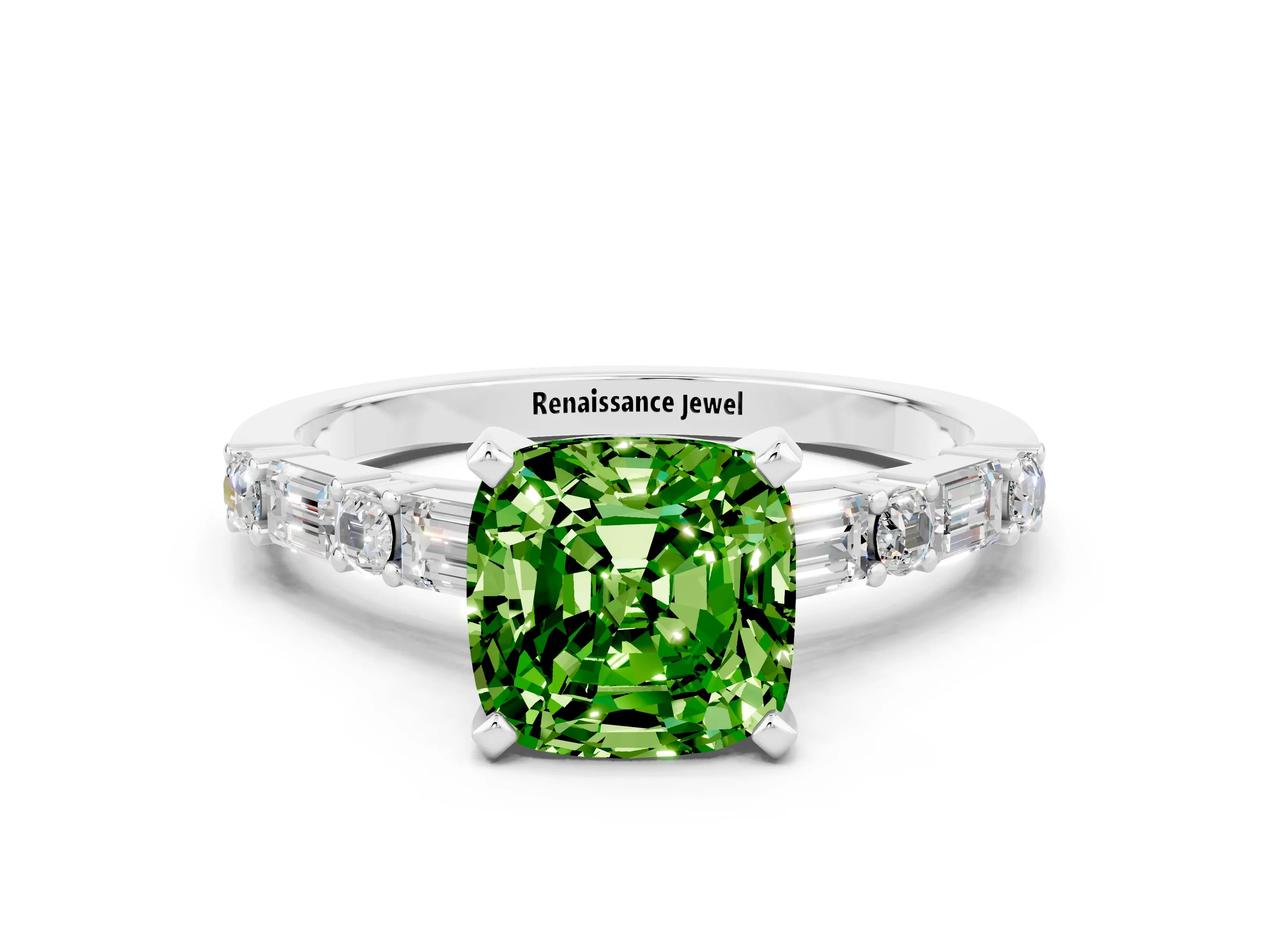 White gold Cushion Cut Peridot Solitaire with Side Baguettes and Channel Set Band