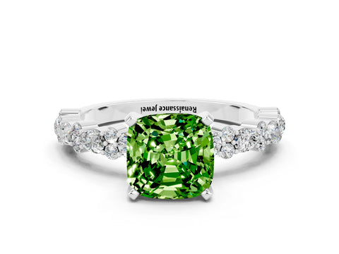 White gold Cushion Cut Peridot Solitaire with Side Stones, Pave Band, Four-Prong Setting_36