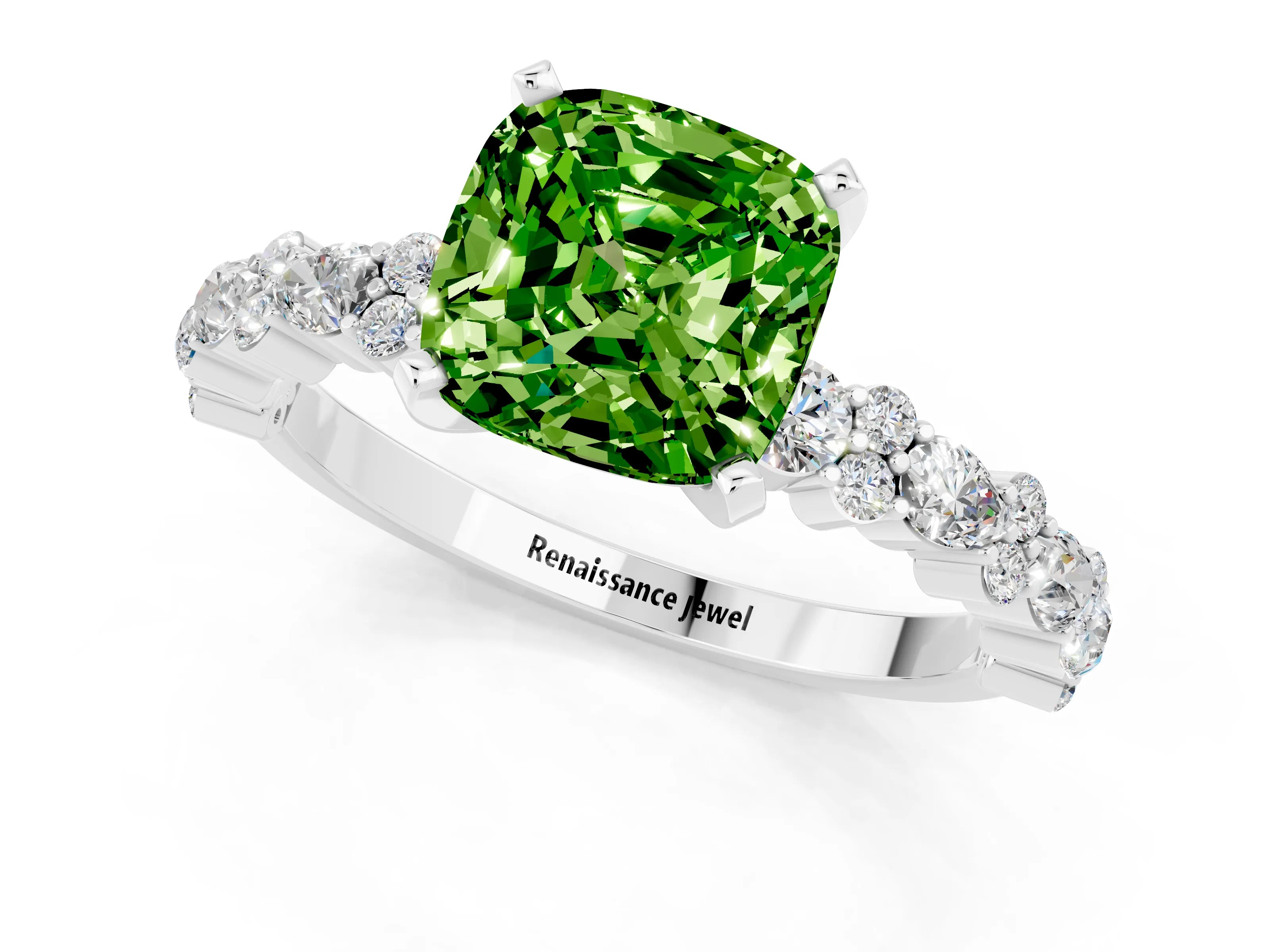 White gold Cushion Cut Peridot Solitaire with Side Stones, Pave Band, Four-Prong Setting_37
