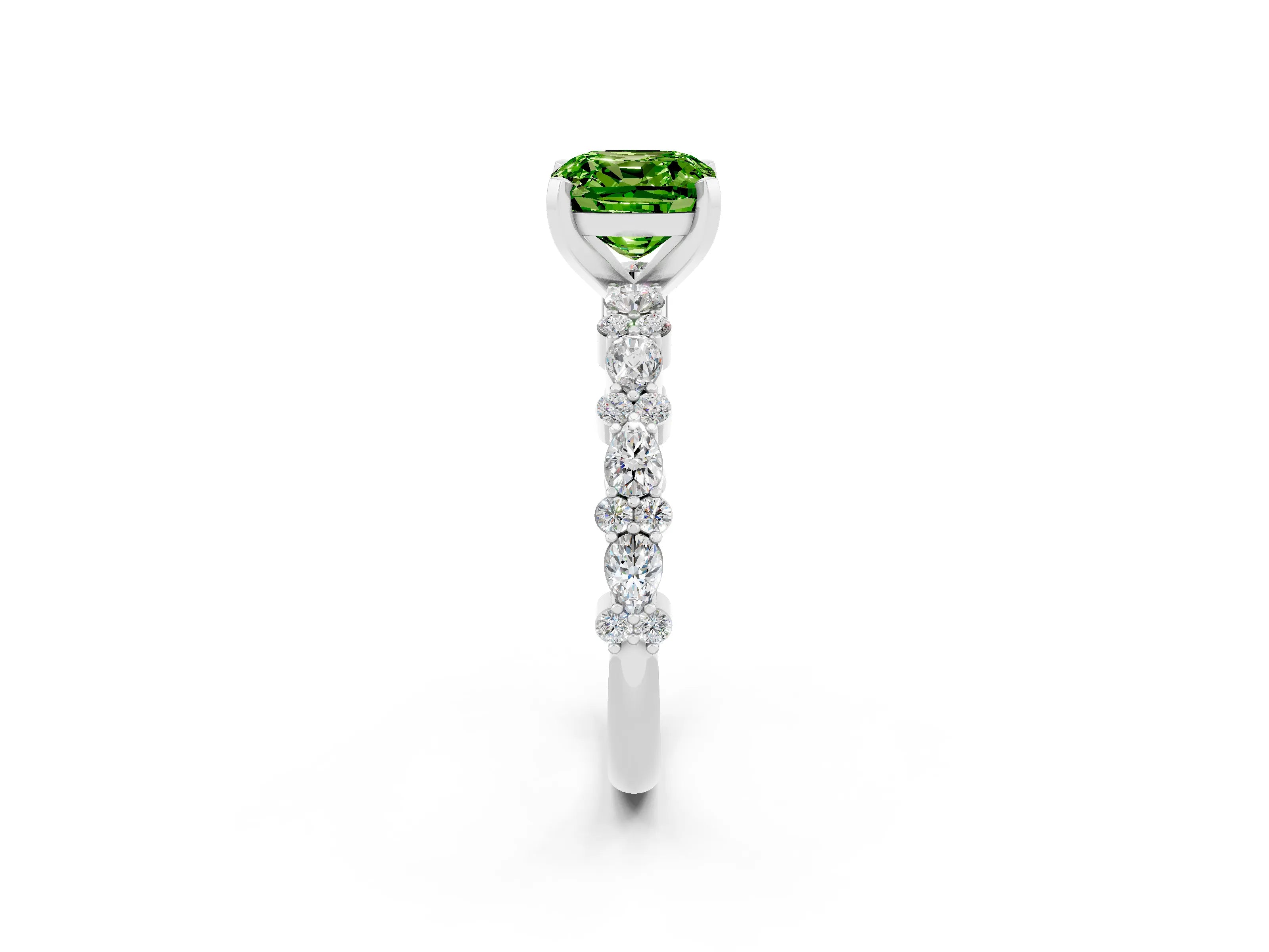White gold Cushion Cut Peridot Solitaire with Side Stones, Pave Band, Four-Prong Setting_38
