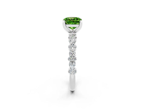 White gold Cushion Cut Peridot Solitaire with Side Stones, Pave Band, Four-Prong Setting_38