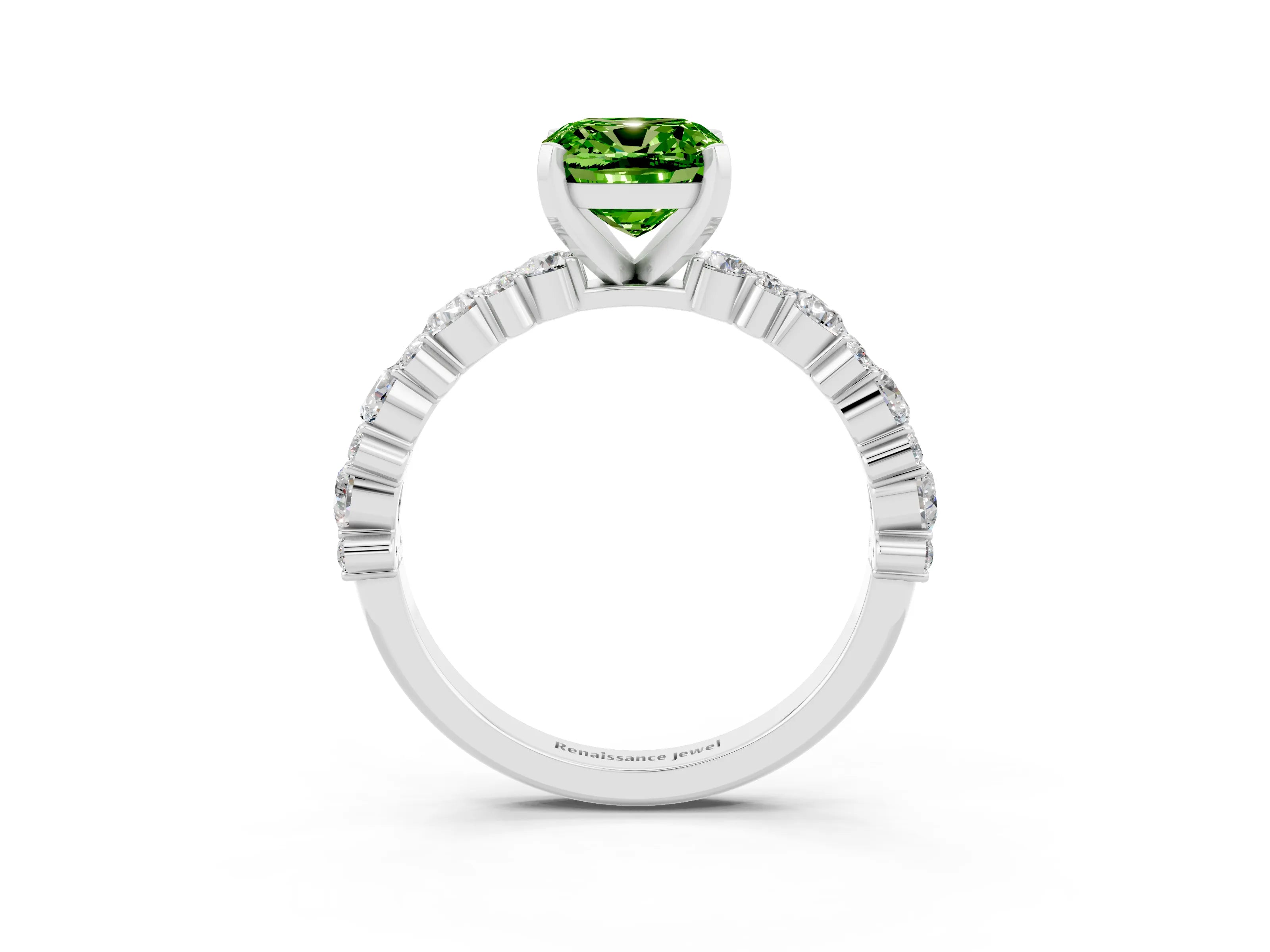 White gold Cushion Cut Peridot Solitaire with Side Stones, Pave Band, Four-Prong Setting_39