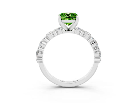 White gold Cushion Cut Peridot Solitaire with Side Stones, Pave Band, Four-Prong Setting_39