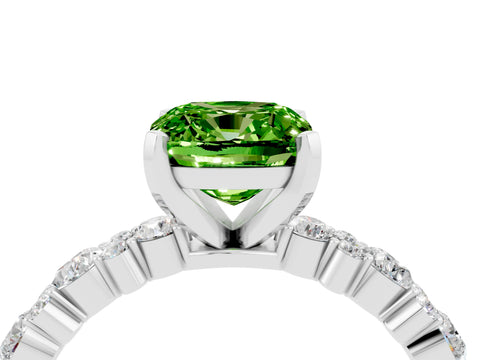 White gold Cushion Cut Peridot Solitaire with Side Stones, Pave Band, Four-Prong Setting_40