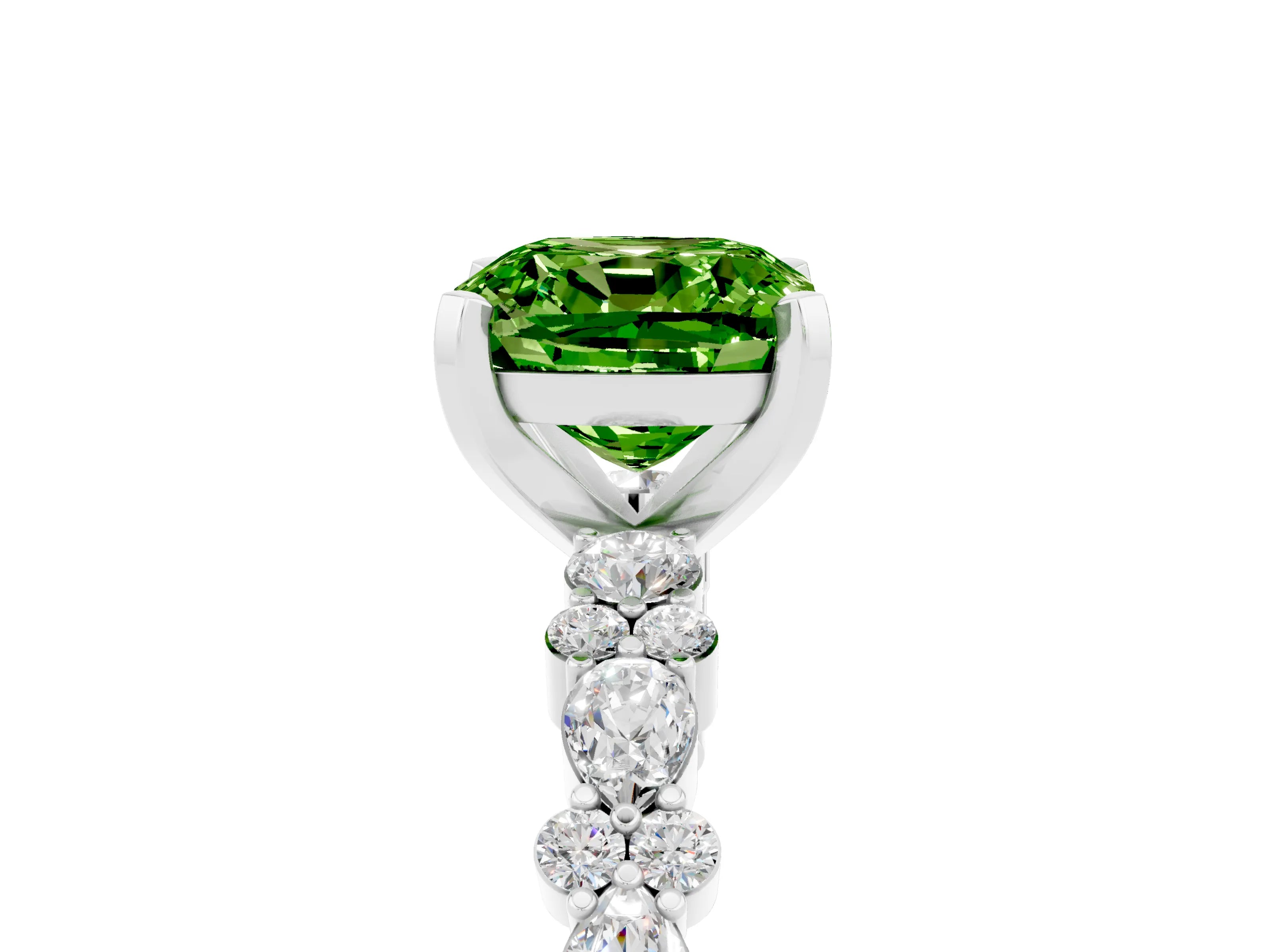White gold Cushion Cut Peridot Solitaire with Side Stones, Pave Band, Four-Prong Setting_41