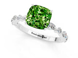 White gold Cushion Cut Peridot Solitaire with Side Stones on a Pavé Band and Four-Prong Setting_1