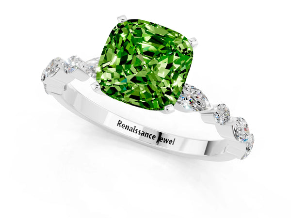 Silver Cushion Cut Peridot Ring with Marquise and Round  Side Stones and Four-Prong Setting