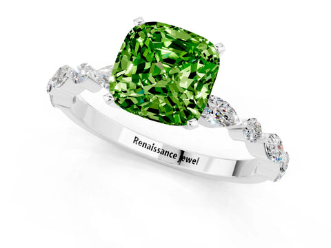 White gold Cushion Cut Peridot Solitaire with Side Stones on a Pavé Band and Four-Prong Setting_1