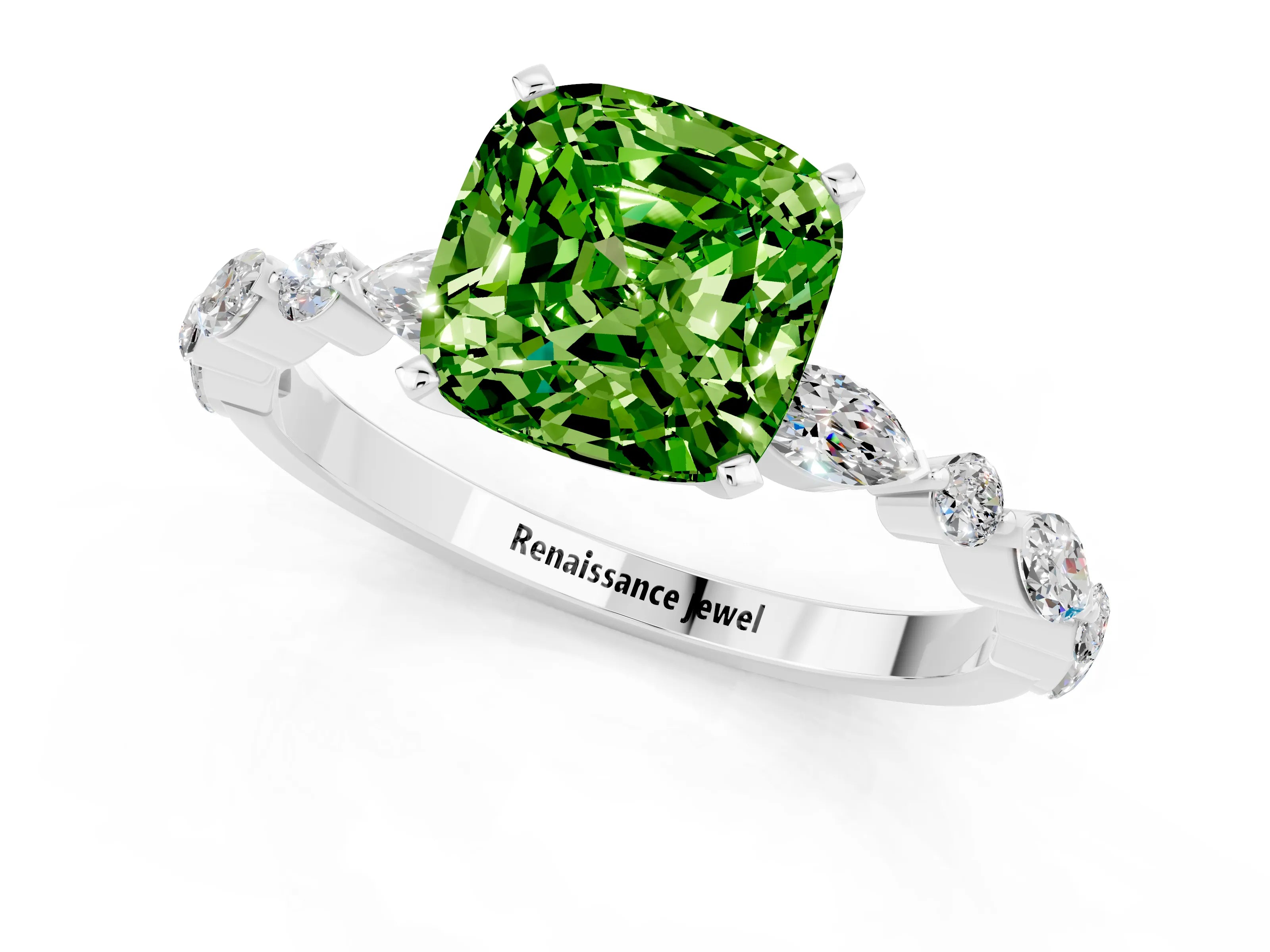White gold Cushion Cut Peridot Solitaire with Side Stones on a Pavé Band and Four-Prong Setting_1