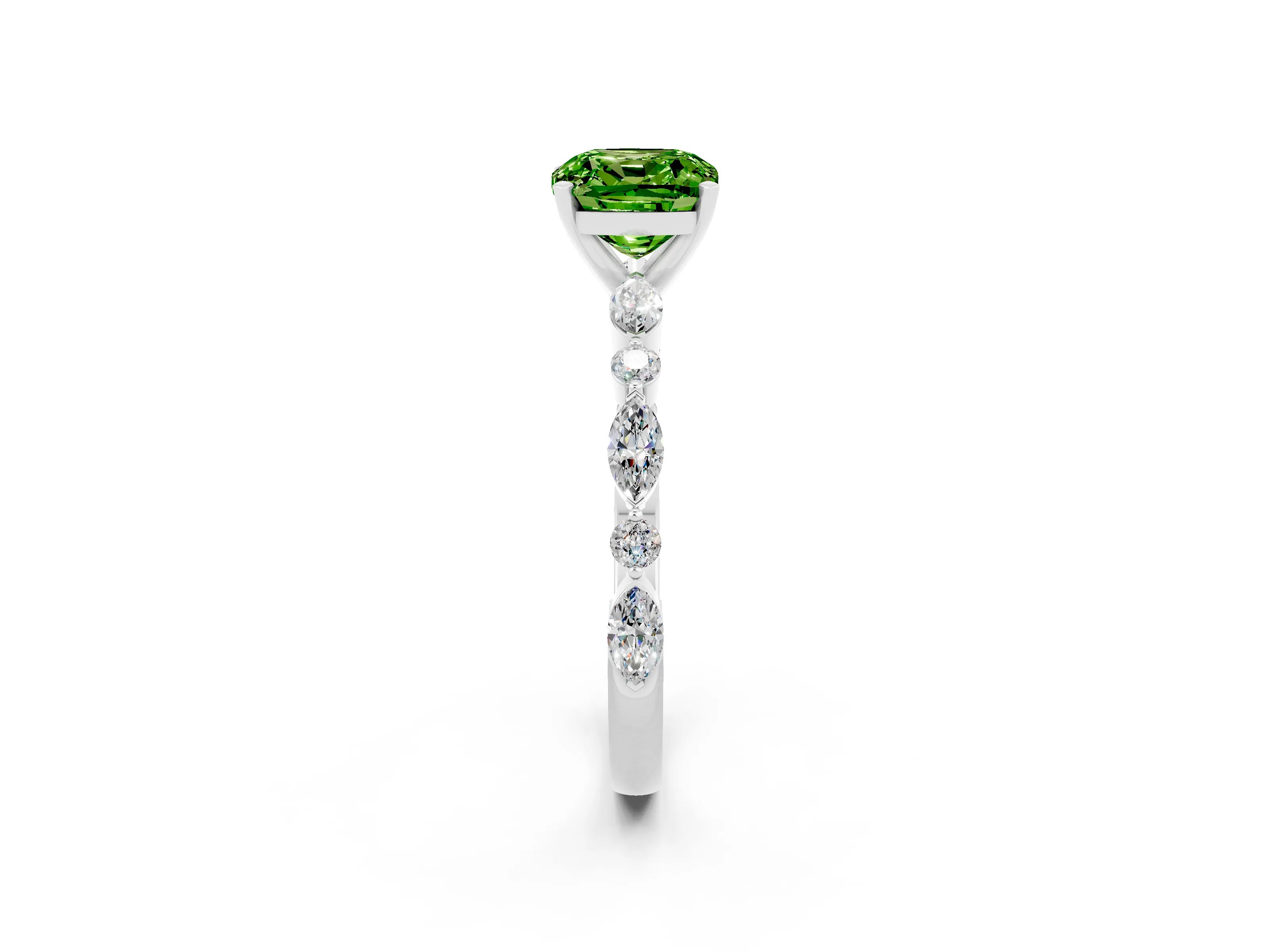 White gold Cushion Cut Peridot Solitaire with Side Stones on a Pavé Band and Four-Prong Setting_2