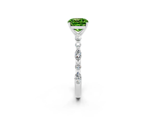 Silver Cushion Cut Peridot Ring with Marquise and Round  Side Stones and Four-Prong Setting