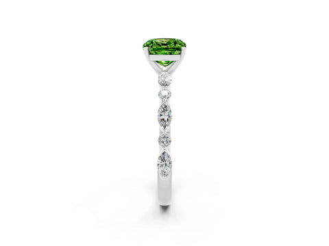 White gold Cushion Cut Peridot Solitaire with Side Stones on a Pavé Band and Four-Prong Setting_2