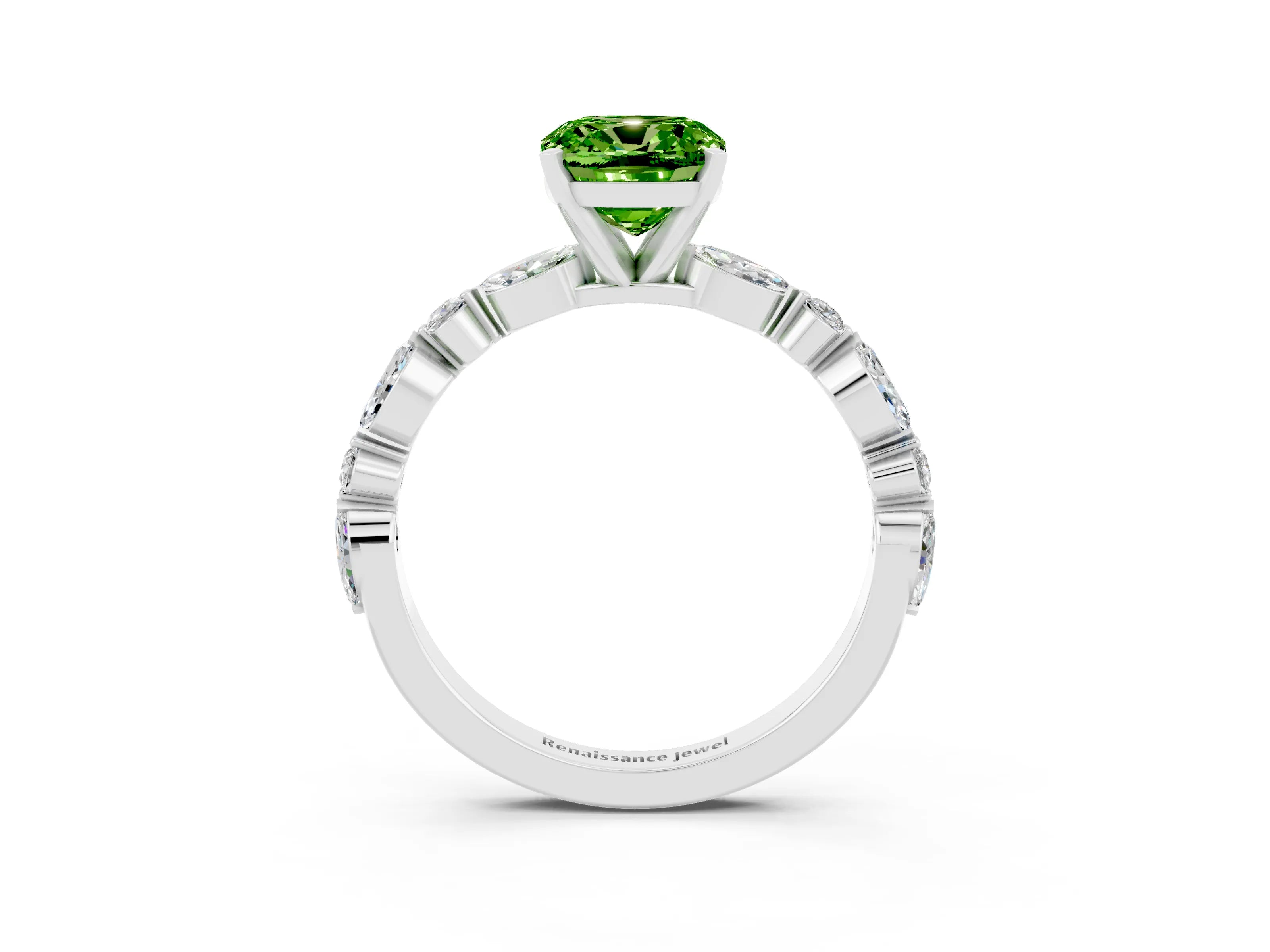 White gold Cushion Cut Peridot Solitaire with Side Stones on a Pavé Band and Four-Prong Setting_3