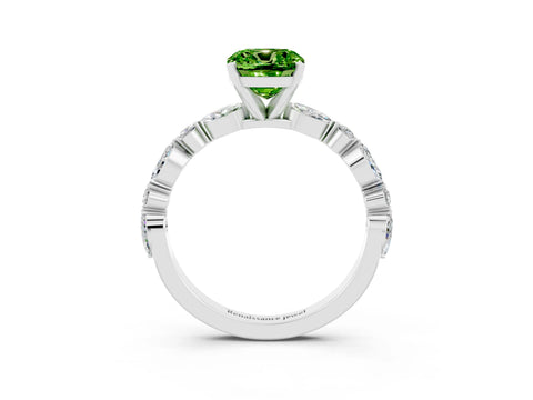 White gold Cushion Cut Peridot Solitaire with Side Stones on a Pavé Band and Four-Prong Setting_3