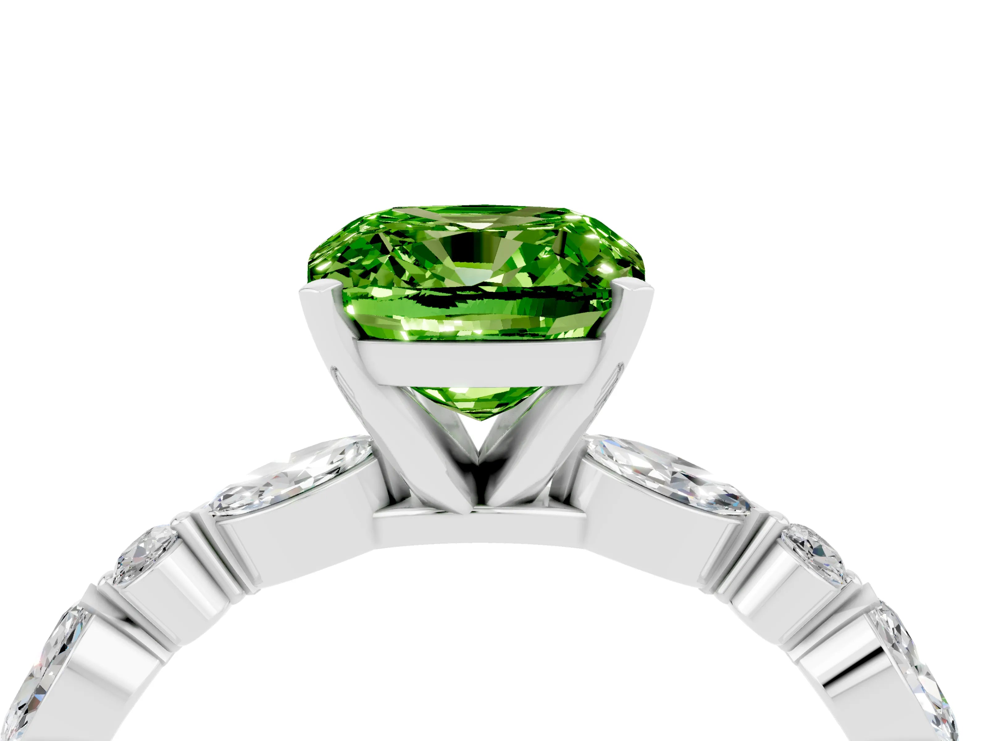 White gold Cushion Cut Peridot Solitaire with Side Stones on a Pavé Band and Four-Prong Setting_4