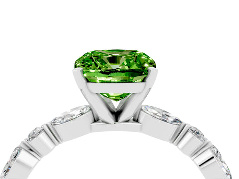 White gold Cushion Cut Peridot Solitaire with Side Stones on a Pavé Band and Four-Prong Setting_4