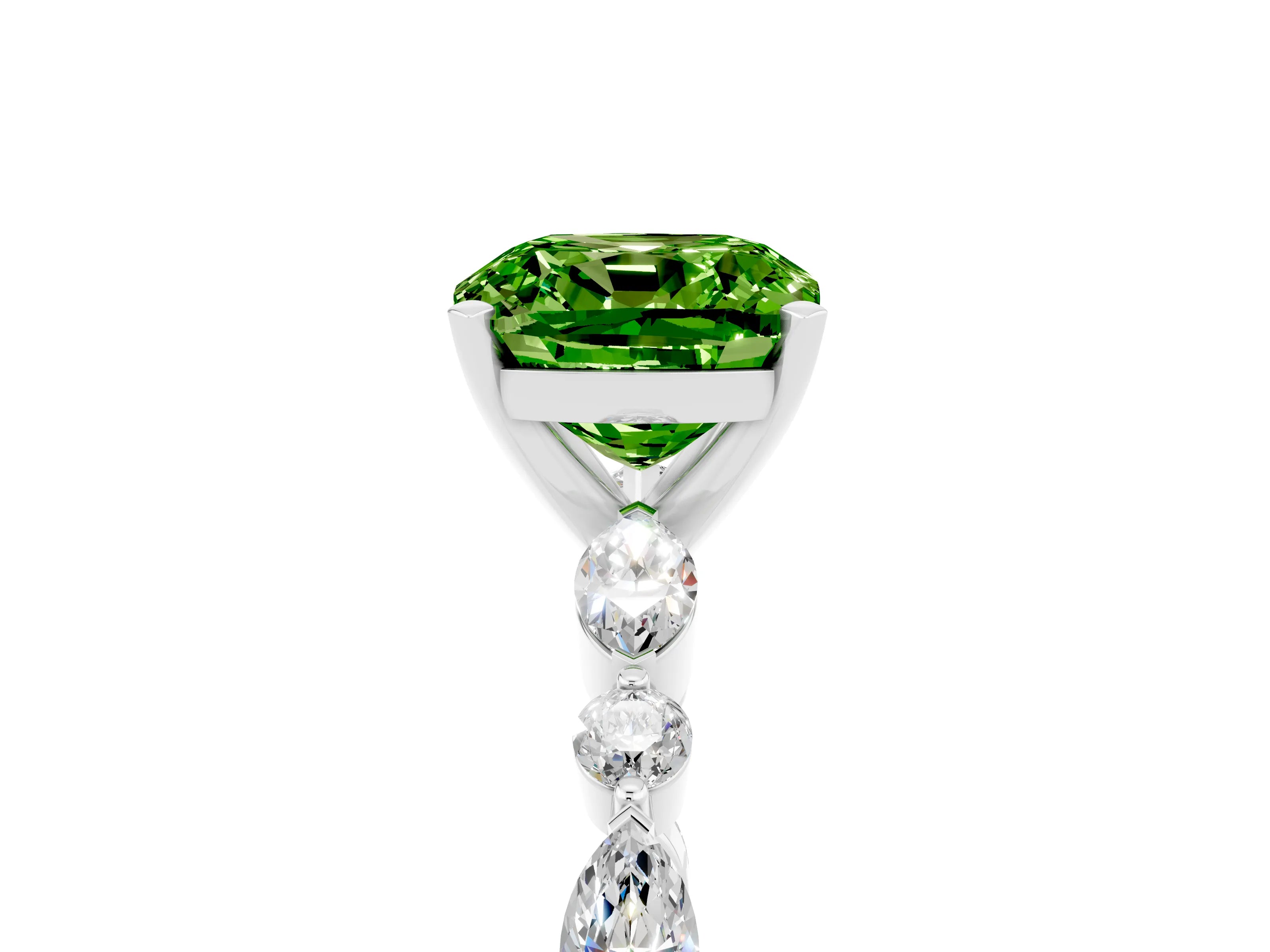 White gold Cushion Cut Peridot Solitaire with Side Stones on a Pavé Band and Four-Prong Setting_5
