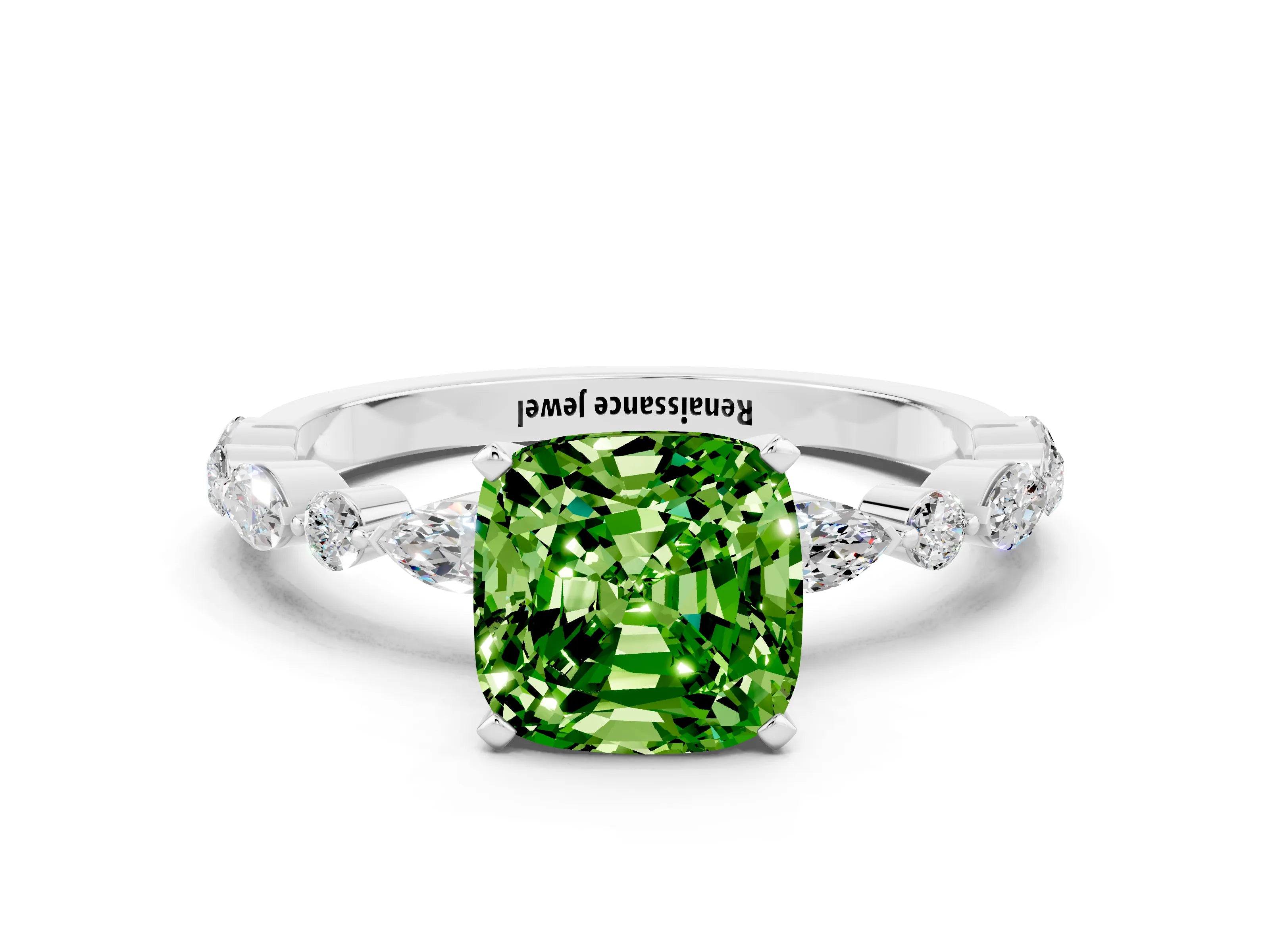 White gold Cushion Cut Peridot Solitaire with Side Stones on a Pavé Band and Four-Prong Setting