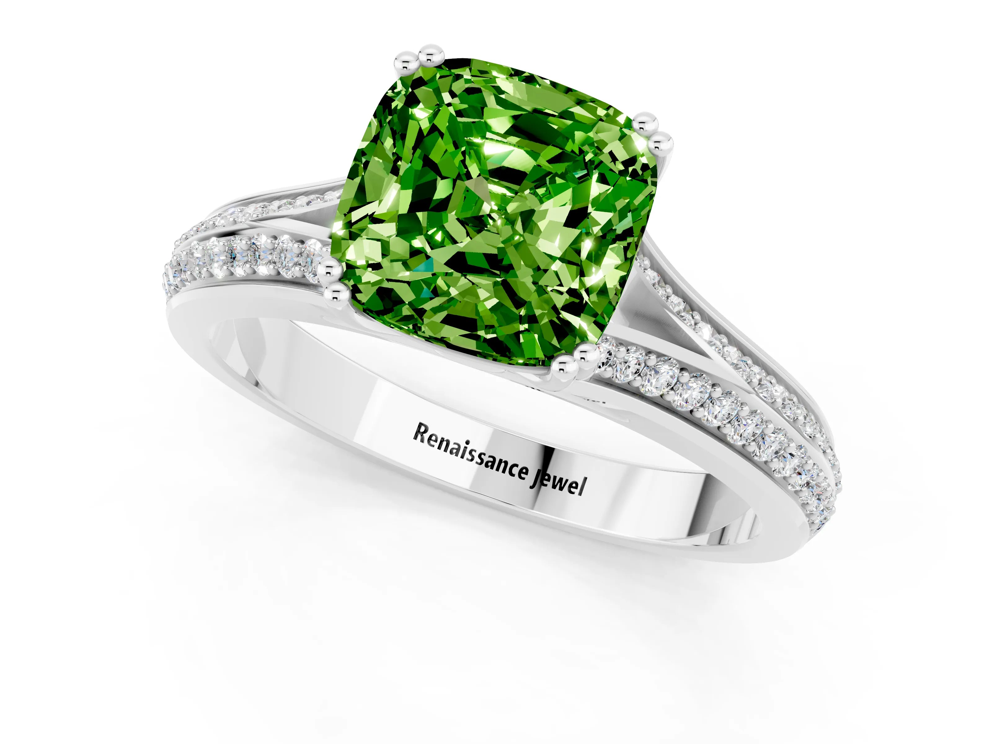 White gold Cushion Cut Peridot Split Shank Engagement Ring with Pavé Band_1