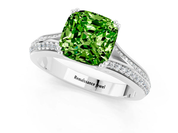 White gold Cushion Cut Peridot Split Shank Engagement Ring with Pavé Band