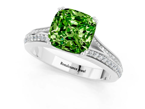 White gold Cushion Cut Peridot Split Shank Engagement Ring with Pavé Band_1