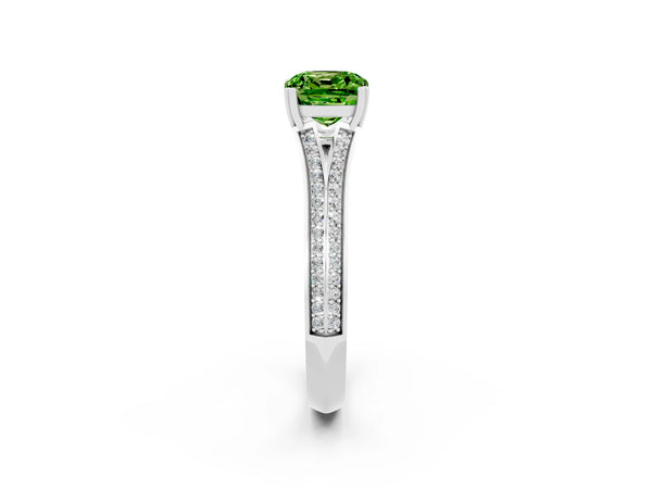 Platinum Cushion Cut Peridot Split Shank Engagement Ring with Pavé Band