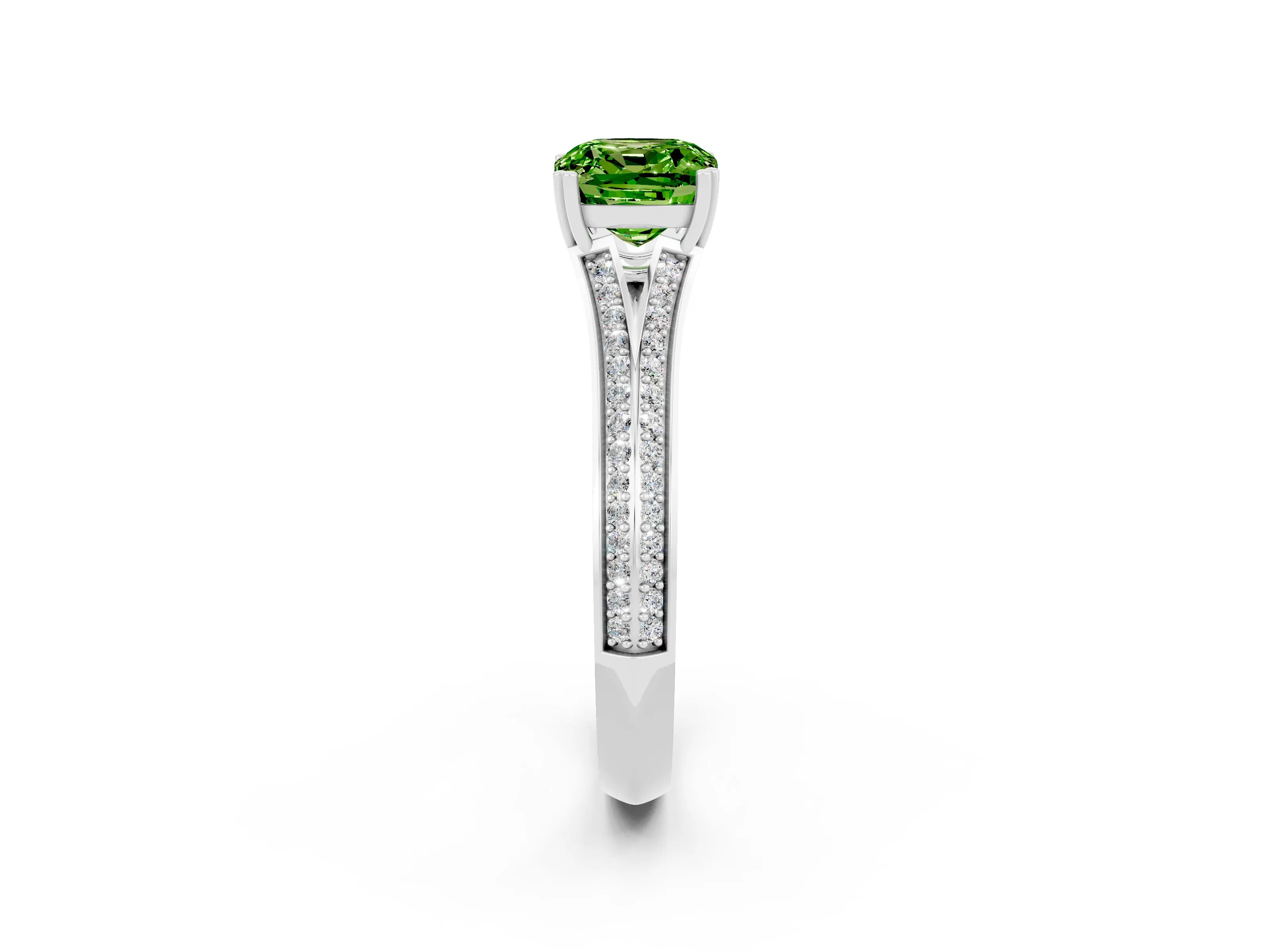 White gold Cushion Cut Peridot Split Shank Engagement Ring with Pavé Band_2