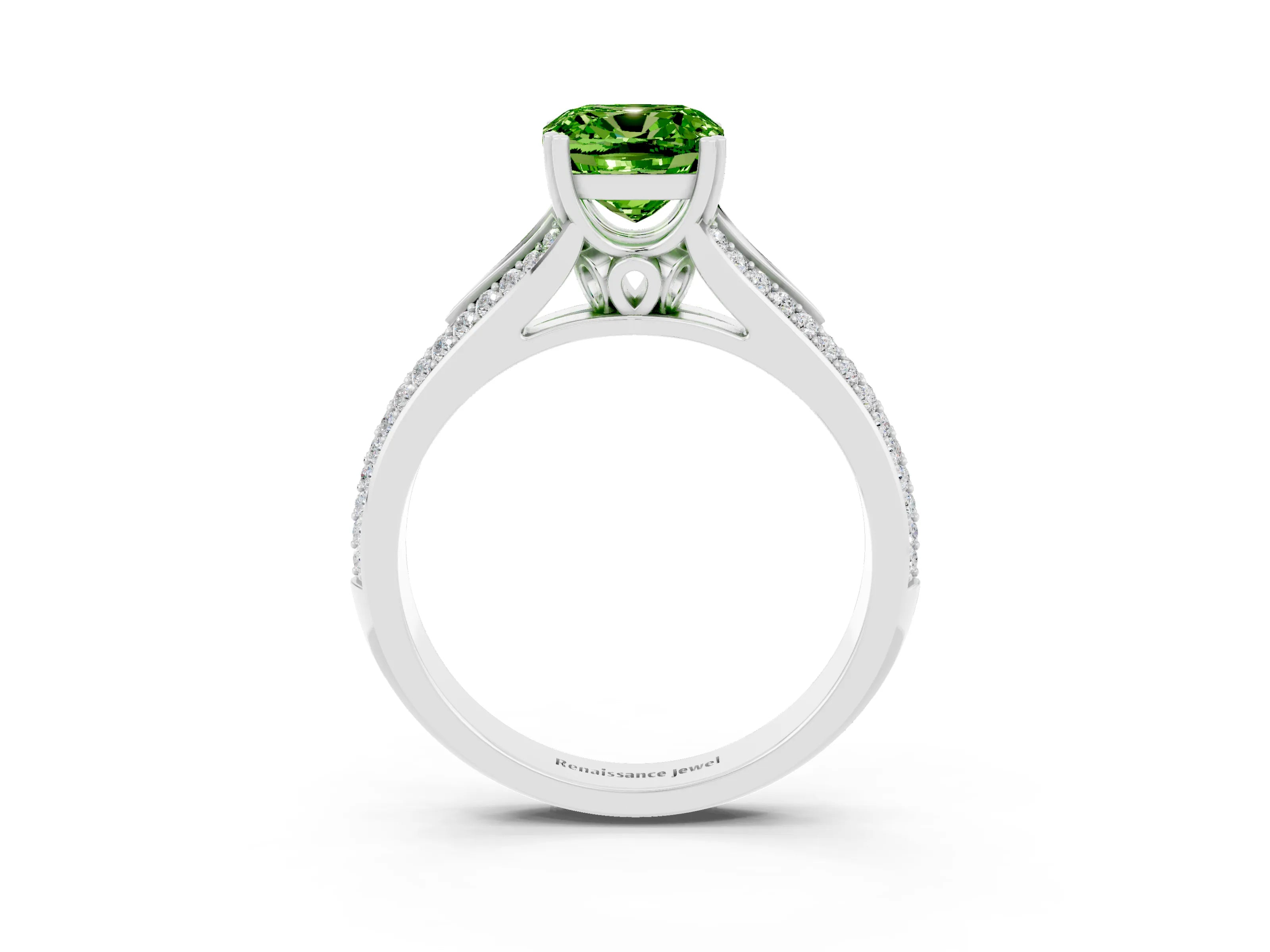 White gold Cushion Cut Peridot Split Shank Engagement Ring with Pavé Band_3