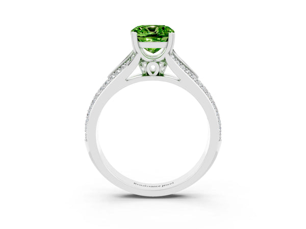 Platinum Cushion Cut Peridot Split Shank Engagement Ring with Pavé Band