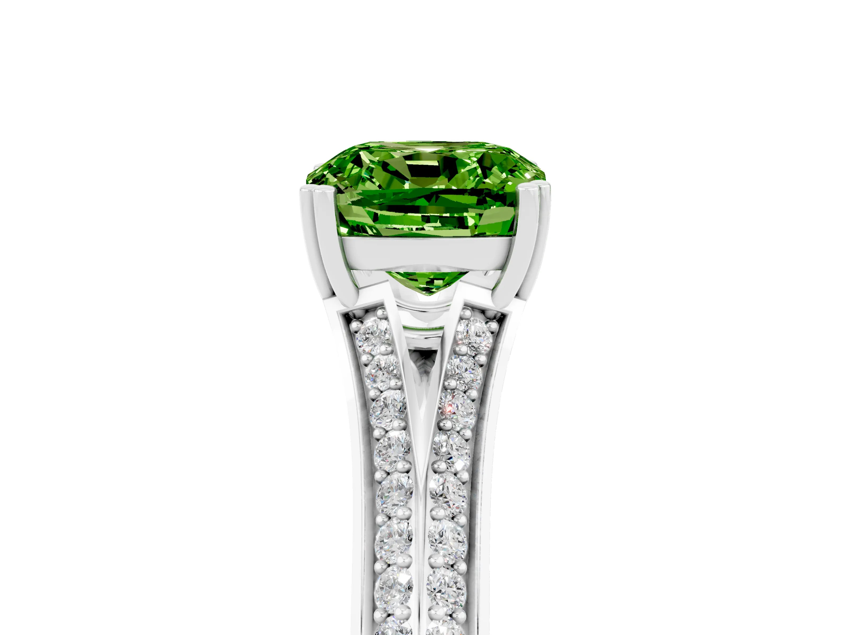 White gold Cushion Cut Peridot Split Shank Engagement Ring with Pavé Band_5