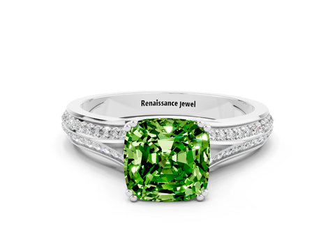 White gold Cushion Cut Peridot Split Shank Engagement Ring with Pavé Band