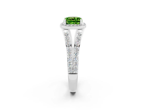 Platinum Cushion Cut Peridot Split Shank Halo Ring with Four-Prong Setting