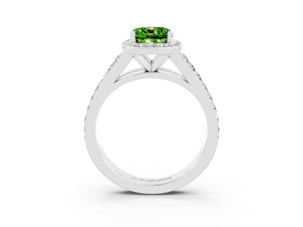 Platinum Cushion Cut Peridot Split Shank Halo Ring with Four-Prong Setting