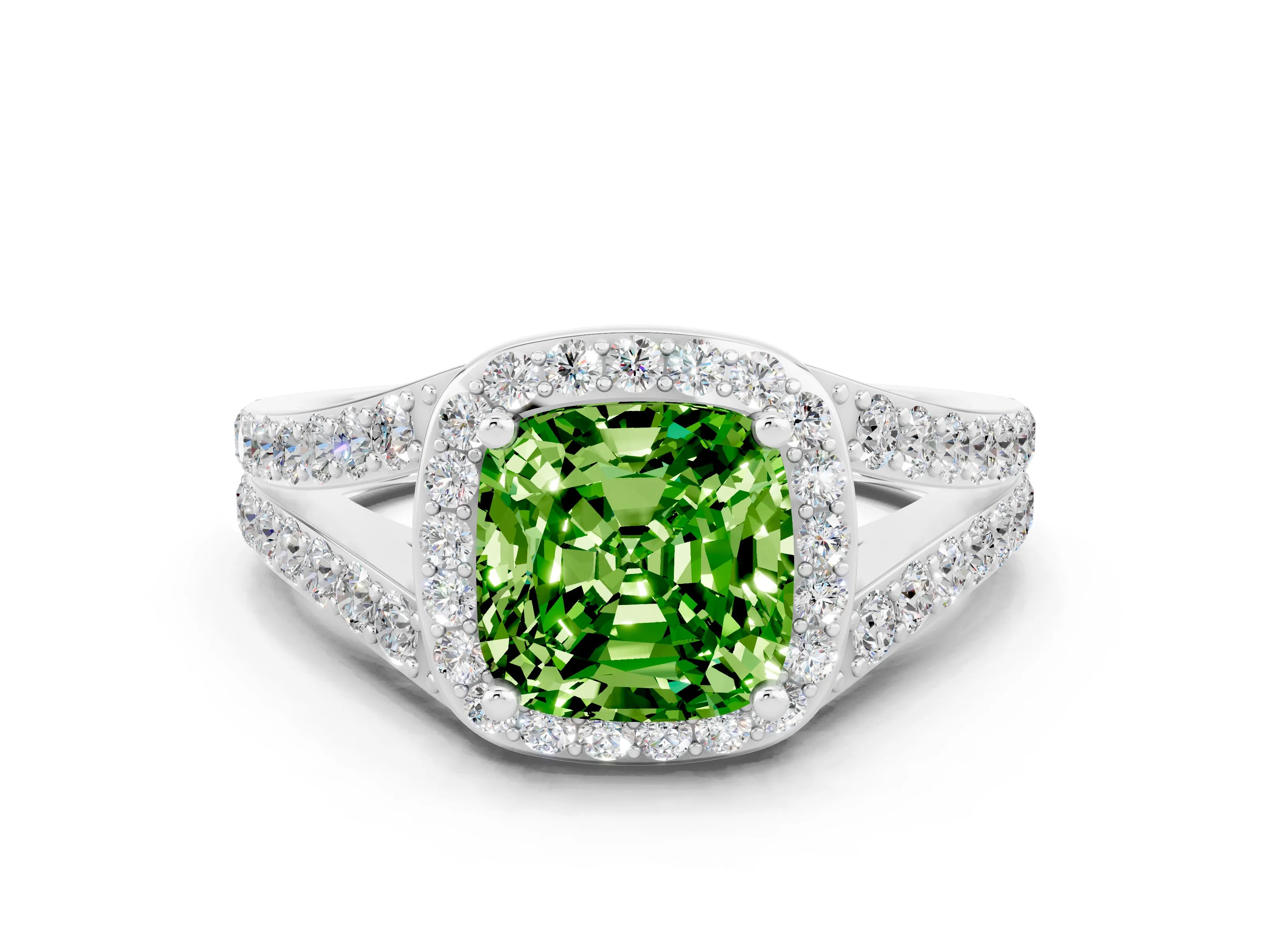 White gold Cushion Cut Peridot Split Shank Halo Ring with Four-Prong Setting_47