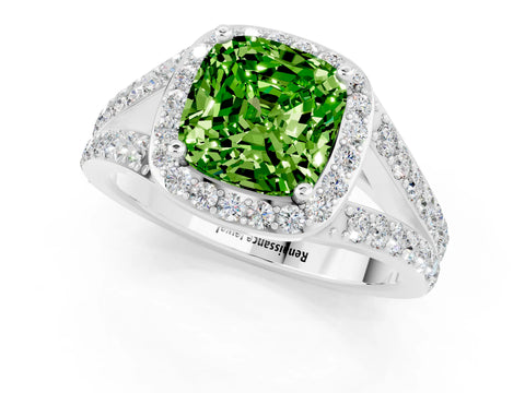 White gold Cushion Cut Peridot Split Shank Halo Ring with Four-Prong Setting_48