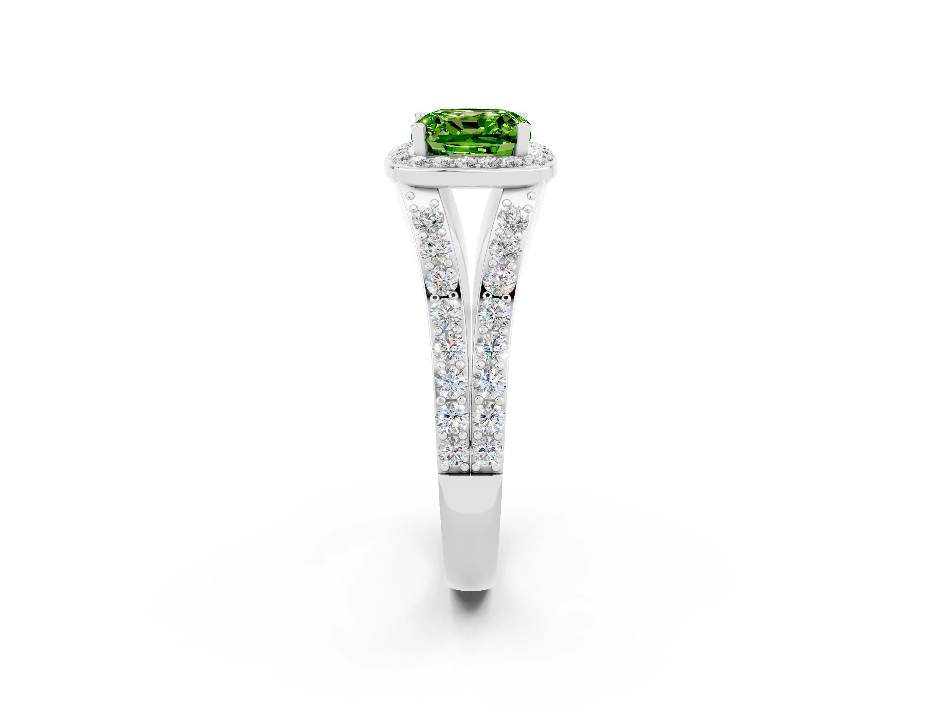 White gold Cushion Cut Peridot Split Shank Halo Ring with Four-Prong Setting_49