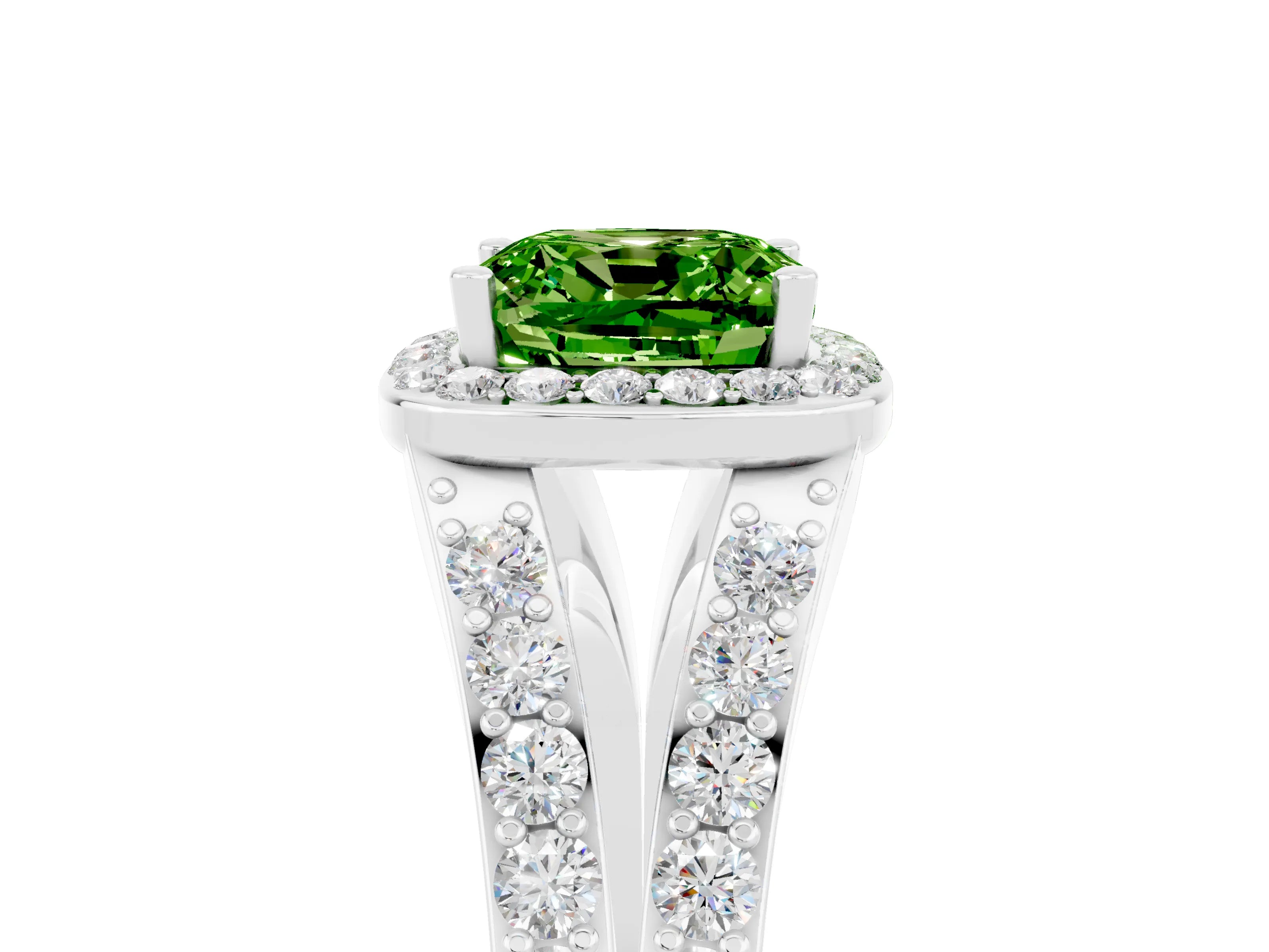 White gold Cushion Cut Peridot Split Shank Halo Ring with Four-Prong Setting_52