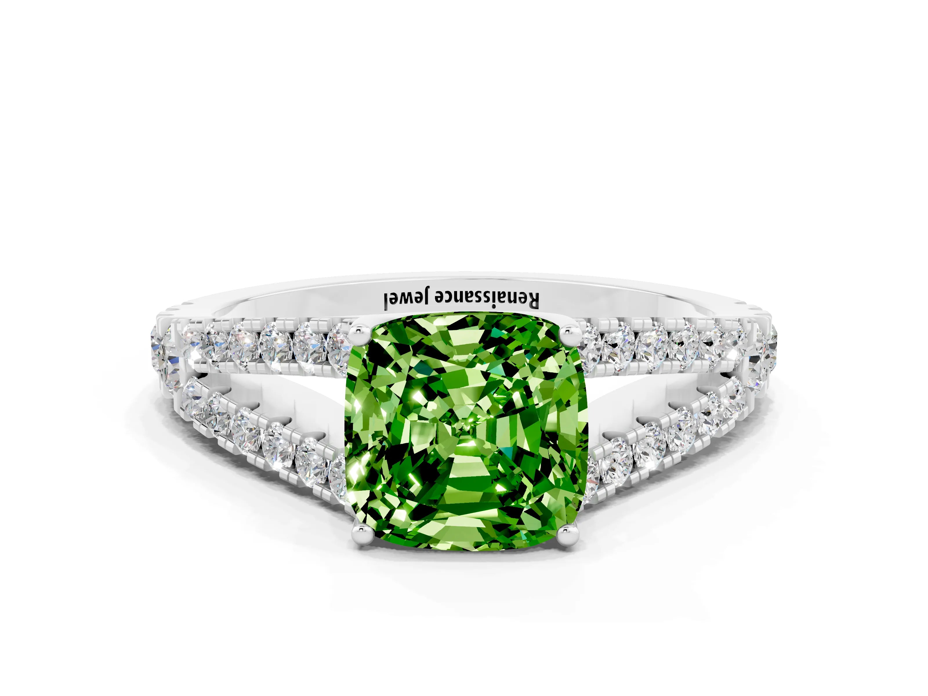 White gold Cushion Cut Peridot Split Shank Pavé Engagement Ring with Four-Prong Setting_12